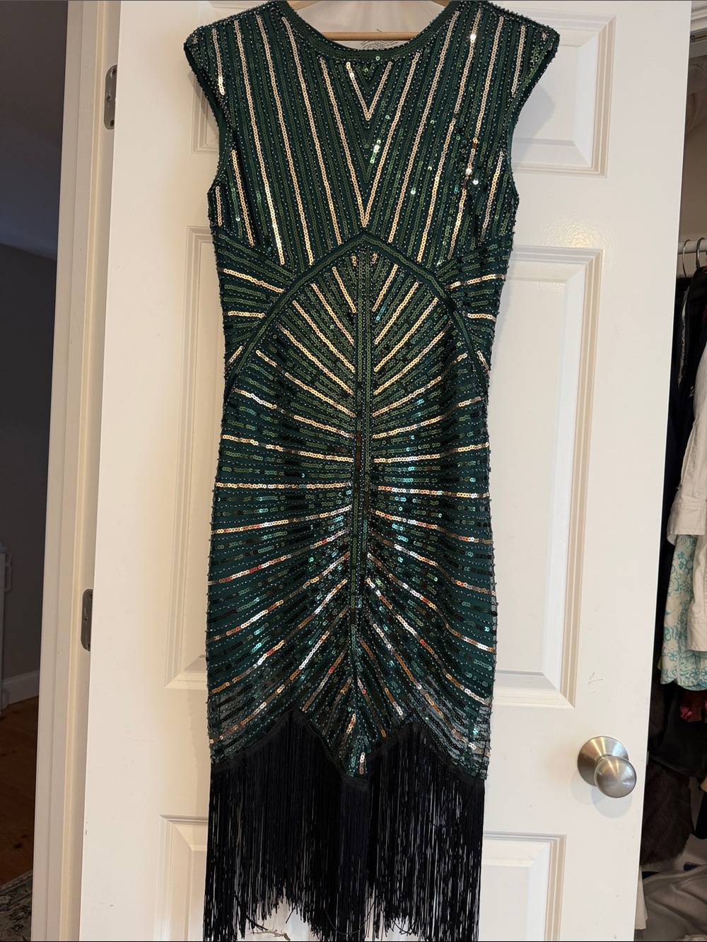 Emerald Green Sequin Fringe Cocktail Dress-flapper style size Medium